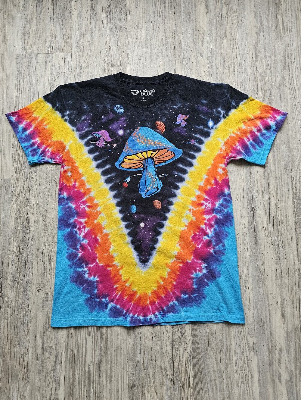 Liquid Blue Psychedelic Mushroom Tie Dye Graphic T-Shirt Size L Cosmic FestivalA